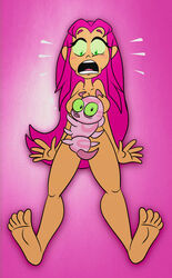 bare_shoulders barefoot blush breasts censored cockblocked dc foot_fetish green_eyes naked open_mouth pink_hair scobionicle99 silkie starfire surprised teen_titans teen_titans_go