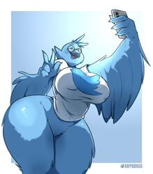 2019 anthro avian beak big_breasts bird blue_feathers bottomless breasts clothed clothing eyewear feathers female fur furry furry_only gesture glasses holding_object holding_phone huge_breasts kappadoggo nipple_bulge partially_clothed phone pussy round_glasses selfie shirt smile solo t-shirt thick_thighs topwear tweetfur twitter v wide_hips winged_arms wings