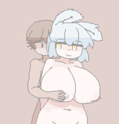 1boy 1girls :3 animated breast_fondling breasts breasts_grab bunny_ears female huge_breasts mae_(megadingus) male megadingus pixel_art rabbit_humanoid straight white_hair yellow_eyes