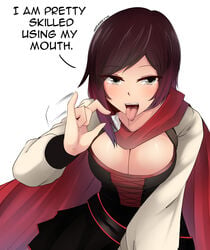 1girls absurdres black_hair blue_eyes breasts cape cleavage clothed cute dirty_talk english_text fellatio_gesture female female_only grey_eyes handjob_gesture highres looking_at_viewer naughty_face open_mouth oral_invitation red_hair rooster_teeth ruby_rose rwby saliva seductive seductive_smile sexually_suggestive short_hair silver_eyes smile solo speech_bubble suggestive talking_to_viewer teenager text tongue tongue_out white_background z666ful