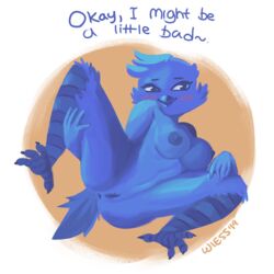 anthro avian beak bird blue_eyes blue_feathers blush breasts clothing feathers female meme nipples nude pose presenting pussy raised_leg simple_background solo spread_legs spreading text tweetfur twitter wiess