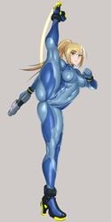 1girls ass blonde_hair blue_bodysuit blue_eyes bodysuit bracelet breasts cameltoe closed_mouth erect_nipples erect_nipples_under_clothes eyebrows_visible_through_hair female female_only firearm grey_background gun handgun high_heels impossible_bodysuit impossible_clothes jewelry leg_up looking_at_viewer medium_breasts metroid mikoyan muscle muscular_female navel nintendo ponytail samus_aran simple_background splits tight_clothing turtleneck vertical_splits weapon zero_suit zero_suit_samus