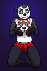 2015 4_fingers ailurid anthro black_fur black_hair black_nose blue_background bulge clothed clothing collar cubi fur goo_transformation hair hi_res hypnosis kai-panda kneeling male mammal mask mind_control multicolored_fur panda red_collar red_panda rubber simple_background solo spiral_eyes topless transformation two_tone_fur underwear ursine white_fur white_hair