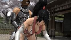 1boy 1girls 3d animated bare_shoulders bottomless bouncing_breasts breasts cheating cleavage clothed clothed_sex dead_or_alive defeated doggy_style female gloves hanging_breasts hayate_(doa) kunoichi male mask momiji_(ninja_gaiden) ninja_gaiden no_sound outdoors penis penis_out renzuki_harai sex sideboob straight tecmo text vaginal_penetration video watermark