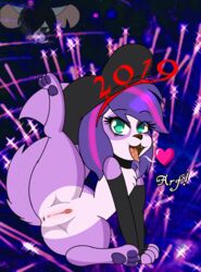 2019 blue_eyes canine clitoris clothing female fur hair hat heart holidays littlest_pet_shop looking_at_viewer mammal new_year open_mouth paws presenting presenting_pussy purple_fur pussy ritsuka-trent solo spread_legs spreading tongue tongue_out zoe_trent