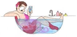 1girls bath bathing bathtub big_breasts breasts female foxx fur hair human mammal mustelid nude otter partially_submerged pink_fur pink_hair solo tail transformation water wet