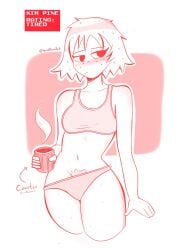1girl 1girls 2d 2d_(artwork) almost_nude big_breasts blush blushing breasts bush comic comic_page english female female_focus freckles hairy kim_pine panties scott_pilgrim sketch sports_bra text thick_thighs thighs tired underwear_only