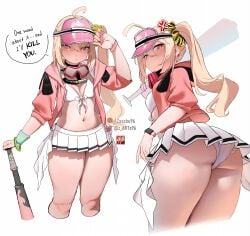1girl anger_vein ass baseball_bat bikini blonde_hair blush breasts commentary english_commentary hat highres jacket long_hair looking_at_viewer looking_back luciana_de_montefio miniskirt multiple_views navel official_alternate_costume pink_hat pink_jacket red_eyes side_ponytail skirt small_breasts swimsuit thick_thighs thighs visor_cap white_bikini white_skirt zasshu zenless_zone_zero