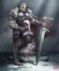 1boy 1girls areolae armor artist_name clothed_male_nude_female dark-skinned_female darkartskai drow elf elf_ears elf_female exposed_breasts human kneeling long_hair male_human/female_elf medium_breasts nipples no_bra nude_female red_eyes sword tagme topless white_hair