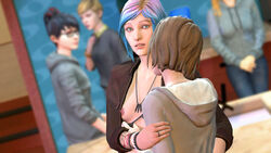 3d 5girls areolae blue_hair breasts brooke_scott brown_hair chloe_price female female_only hand_on_arm joe12334 life_is_strange looking_at_viewer max_caulfield nipples partially_clothed public victoria_chase yuri