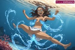 1girl ai_assisted ai_generated air_bubble avatar_the_last_airbender barefoot blue_eyes breast_grab breasts brown_hair bubble coral dark-skinned_female dark_skin fingering glowing glowing_eyes grabbing katara long_hair navel nickelodeon nicktoons nipples open_mouth patreon pussy pussy_juice smile solo spread_legs stelmazura uncensored underwater vaginal water
