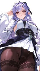 1girl 1girls black_skirt blush bottom_view bow breast_curtains breasts brown_pantyhose corset dress frills hairband highres hoyoverse medium_breasts open_mouth pantyhose peeking pointy_ears purple_hair red_eyes showgirl_skirt shrug_(clothing) sideboob simple_background skirt solo solo_female streaked_hair toyoman vivian_banshee white_background white_dress white_shrug zenless_zone_zero
