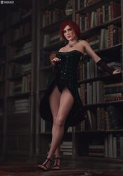 1girls 3d cd_projekt_red clothing earrings exhibitionism female freckles freckles_on_face green_dress high_heels light-skinned_female light_skin looking_at_viewer mascara missally necklace panties presenting_panties red_hair skirt_up solo solo_female the_witcher_(series) the_witcher_3:_wild_hunt triss_merigold underwear