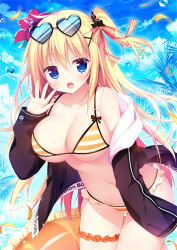 1girl :d bare_shoulders bikini bikini_under_clothes black-framed_eyewear black_jacket blonde_hair blue_eyes blue_sky blush breasts cleavage cloud cloudy_sky day eyewear_on_head fang flower hair_between_eyes hair_flower hair_ornament hairclip hand_up hood hood_down hooded_jacket innertube jacket large_breasts long_hair long_sleeves looking_at_viewer melonbooks navel off_shoulder one_side_up open_clothes open_jacket open_mouth original outdoors palm_tree petals red_flower shiromochi_sakura sky sleeves_past_wrists smile solo striped striped_bikini striped_clothes sunglasses swim_ring swimsuit tree very_long_hair x_hair_ornament