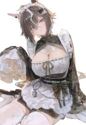 1girl 1girls absurd_res ahoge alternate_costume animal_ears apron artist_name artist_request blue_eyes breasts cleavage dress fang female hair_ornament highres horse_girl horse_tail large_breasts looking_at_viewer maid maid_apron maid_headdress rulership_(umamusume) shoes short_hair simple_background sitting skin_fang solo solo_female solo_focus tail thighhighs umamusume white_apron white_background yokozuwari