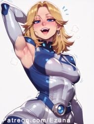 ai_generated armpits big_ass big_breasts big_butt big_thighs blonde_hair blue_bodysuit blue_eyes blush bodysuit ezuna huge_ass huge_breasts huge_butt huge_thighs invisible_woman invisible_woman_(marvel_rivals) marvel_comics marvel_rivals sue_storm wanuze wide_hips