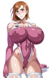 1girls arm_gloves ass_visible_through_thighs athletic big_breasts blush breasts_bigger_than_head brown_eyes brown_hair erect_nipples female jet_puri jujutsu_kaisen kugisaki_nobara muscular nipples nobara_kugisaki pussy simple_background swimsuit tagme tall_female thigh_highs white_skin