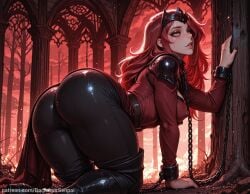 1girl ai_generated ass backdoorsenpai belt big_ass black_footwear black_nails black_pants breasts chain chained collar curvy egao female_focus knee_boots leash long_hair long_sleeves marvel marvel_rivals medium_breasts metal_collar naughty_face naugty_eyes perky_breasts red_eyes red_hair red_jacket scarlet_witch shoulder_armor slave solo tailcoat thick_thighs thigh_chain thighs tiara wide_hips