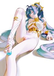 1girl 1girls bare_shoulders feet gold_jewelry hair_ornament highres iumu iuno_(wuthering_waves) long_hair looking_at_viewer lying navel pussy simple_background smirk solo solo_female stomach very_long_hair white_background wuthering_waves