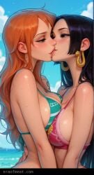 ai_generated bikini boa_hancock eraofmeat kissing lesbian_kiss meat_master nami_(one_piece) one_piece