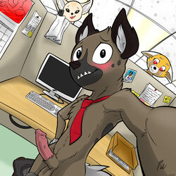 1boy 2girls aggressive_retsuko ailurid animal_genitalia anthro balls canine erection female fennec fenneko fox furry furry_only group haida heart-shaped_pupils humanoid_penis hyena looking_at_viewer magnificent-arsehole male male_focus mammal multiple_girls necktie office_lady penis red_panda retsuko sanrio selfie sheath smile smooth_fur solo_focus vein