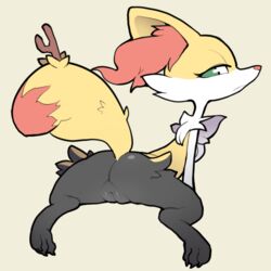 1girls animal_ear_fluff animal_ears anthro ass beige_background big_ass braixen claws feet female female_only fox fox_ears fox_tail from_behind full_body fur furry furry_only green_eyes half-closed_eyes hand_up itsunknownanon looking_back nintendo no_humans parted_lips paws pokémon_(species) pokemon pokemon_(species) pussy shiny shiny_skin simple_background solo spread_legs stick tail teeth uncensored