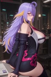 1girl ai_generated ass bare_shoulders bookshelf breasts dress fadia_(neverness_to_everness) hi_res high_quality high_resolution indoors kiraamane large_breasts long_hair looking_at_viewer monitor multicolored_hair patreon purple_hair seductive sexy sitting sleeveless smile solo thighhighs uncensored watermark