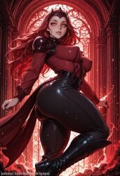 1girl ai_generated ass backdoorsenpai belt big_ass black_footwear black_nails black_pants breasts curvy egao female_focus jumping knee_boots long_hair long_sleeves marvel marvel_rivals medium_breasts naughty_face naugty_eyes perky_breasts red_eyes red_hair red_jacket scarlet_witch shoulder_armor tailcoat thick_thighs thighs tiara wide_hips