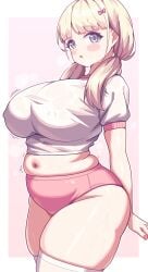 :o blonde_hair blush blush_stickers buruma chubby fat gym_uniform looking_at_viewer low_twintails nipple_bulge piao_mao short_sleeves steam sweat sweaty thighhighs
