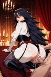 1boy 1girl ai_generated anus ass black_hair blue_eyes bodysuit boku_no_hero_academia boots breasts candle cuffs cum cum_in_pussy curtains domino_mask garter_straps girl_on_top handcuffs hetero hi_res high_heel_boots high_heels high_quality high_resolution kiraamane large_breasts long_hair looking_back mask midnight_(my_hero_academia) mole mole_under_eye nipples patreon penis seductive sex sexy solo_focus torn_clothes torn_legwear uncensored vaginal watermark