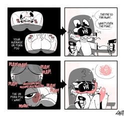 anthro ass big_ass breasts comic cow fellatio female huge_breasts leoafterhours male male/female opossum oral penis pig sex sound_effects text thought_bubble vr_headset