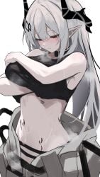 1girl 1girls absurd_res arknights artist_request black_sports_bra blush bodysuit breasts demon_girl demon_horns embarrassed female female_focus highres large_breasts material_growth mudrock_(arknights) navel pointy_ears red_eyes shy simple_background solo solo_female stomach sweat undressing very_long_hair white_background
