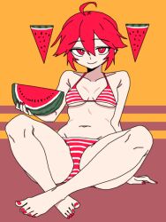 alternate_hairstyle arm_support barefoot bikini closed_mouth crossed_ankles feet holding_watermelon kasane_teto looking_at_viewer medium_breasts red_bikini red_nails red_toenails short_hair sitting smile striped_bikini toes tummy vocaloid watermelon