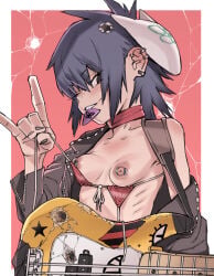 1girls asian asian_female bra breasts breasts_out cyborg cyborg_noodle female female_only gorillaz guitar guitar_pick japanese_female koyatofu3 mask nipple_piercing nipples noodle_(gorillaz)