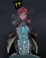 !? 1girls armor blue_eyes blush breasts clenched_teeth cock_shock colored_skin confused confusion crystal cum defeated dress female gauntlets gloves green_skin grim_dawn huge_breasts huge_penis imminent_oral imminent_paizuri imminent_rape imminent_sex insignia kodainosinpi korinia large_breasts lipstick lying male monster monster_boy monster_penis motion_lines mutant penis penis_awe ponytail precum red_hair red_lipstick saliva scared shock shocked short_hair shoulder_pads sitting submissive_female surprise surprised sweat trimmed_dress uniform witch