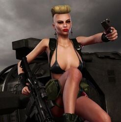 1girls 2016 areola_slip areolae big_breasts bikini_top blonde_hair breasts female female_only furbs3d gun rebecca_buck tank_girl