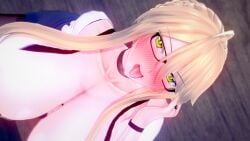 1girls ahoge artoria_pendragon artoria_pendragon_(lancer) big_breasts blonde_hair blushing bra_strap cleavage fate/grand_order fate_(series) glasses green_eyes milf office_clothing older_female paracetamolkoi qos queen_of_spades ring tongue_out voluptuous voluptuous_female