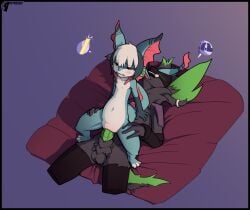 3_toes 4_ears 4_fingers anthro balls blue_body blue_skin blush clenched_teeth duo ear_piercing ear_ring ear_tag emote feet female fingers fluffy fur genital_sheath genitals green_body green_fur green_penis grey_body grey_fur long_ears long_tail male male/female markings multi_ear nude on_bottom on_top open_mouth penetration penis petresko piercing red_body red_skin reverse_cowgirl_position ring_piercing sex size_difference soren_(tsuki_akurei) spots spotted_body spotted_skin synth_(virteil) tail teeth tight_fit toes vaginal vaginal_penetration wet