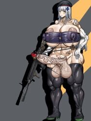 1girl assault_rifle blue_hair breasts covered_nipples cross curvy four_pack futanari girls'_frontline green_eyes gun h&k_hk416 highres hk416_(girls'_frontline) holding holding_gun holding_weapon huge_breasts huge_nipples huge_penis huge_testicles iron_cross large_areolae long_hair mature_female muscular muscular_female navel nazi nipple_piercing penis piercing revealing_clothes rifle slavsegger solo testicles weapon