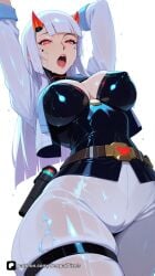 1girl activision ai_generated arms_behind_head arms_up artist_name bangs belt blizzard_entertainment blunt_bangs breasts cameltoe cleavage covered_nipples from_below horns jacket large_breasts long_hair looking_at_viewer mole mole_under_eye open_clothes open_jacket open_mouth overwatch overwatch_2 pants patreon questionable red_eyes see-through senpai_pixels sensitive shion shion_(overwatch) simple_background skin_tight skindentation solo teeth thick_thighs thigh_strap thighs tight tight_pants tongue wet wet_clothes white_background white_hair white_pants