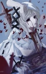 1girl bib_collar blonde_hair blood blood_from_eyes blood_from_mouth blood_on_face bug butterfly commentary_request cross cross_earrings cross_ornament death disembodied_hand dress earrings empty_eyes execution frilled_dress frilled_sleeves frills gloves grabbing_another's_hair guro highres hikami_meruru holding holding_another's_hair holding_knife jewelry knife long_hair long_sleeves mahou_shoujo_no_majo_saiban priestess red_butterfly solo stab sugararu veil white_dress white_gloves white_veil wide_sleeves