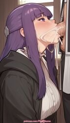 1boy 1girl 2026 ai_generated artist_name bangs big_breasts big_chest big_tits blowjob blowjob_face blunt_bangs blush boobs breasts bust busty chest cock cum cum_in_mouth dick eyebrows_visible_through_hair fellatio fern_(sousou_no_frieren) frieren_beyond_journey's_end hair_ribbon hetero hi_res high_quality highres large_breasts licking long_hair oral oral_sex patreon patreon_username penis pinkname ponytail purple_hair ribbon shirt sousou_no_frieren sucking tits under_table watermark