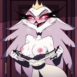 1girl accurate_art_style ai_assisted ai_generated anthro areolae beak bird_girl blushing bra breasts breasts_out cartoon_character demon_girl dress furry furry_female helluva_boss milf nipples open_clothes owl_demon popolio seductive seductive_look seductive_smile stella_(helluva_boss) sweating tits