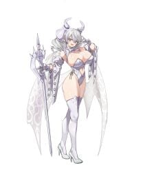 1girl blush boobs breasts cleavage curvy demon_girl demon_horns demon_wings dress duel_monster female full_body gloves grey_eyes hi_res highres holding horns huge_breasts konami labrynth_of_the_silver_castle lady_labrynth_of_the_silver_castle large_breasts leotard light_skin looking_at_viewer lovely_labrynth_of_the_silver_castle low_wings multiple_wings open_mouth peace_sign pointy_ears simple_background smile solo thighs transparent_wings twintails v_sign white_background white_hair white_horns wings younger_female yu-gi-oh!
