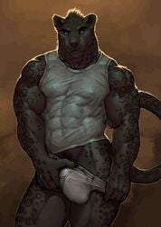 1boy abs anthro biceps big_bulge black_fur blue_eyes briefs bulge bulge_grab claws clothed clothing feline fur gage_the_panther hi_res invalid_tag looking_at_viewer male male_only mammal muscular muscular_male nipple_bulge nipples obliques panther pantherine pecs pockyrumz presenting shirt simple_background smile solo spots standing tank_top triceps underwear whiskers white_underwear