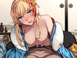 1boy :d bangs black_legwear blonde_hair blue_eyes blurry blurry_background blush breasts cleavage clothed_sex clothing cowgirl_position depth_of_field evelysse_(star_ocean) eyebrows_visible_through_hair female girl_on_top hair_ornament hairband hanging_breasts head_tilt japanese_clothes kimono large_breasts long_hair looking_at_viewer male_pubic_hair nagioka_(sblack) navel nipples off_shoulder open_clothes open_kimono open_mouth penis pov pubic_hair pussy_juice sblack sex sitting smile star_ocean straddling straight thighhighs torogao vaginal_penetration