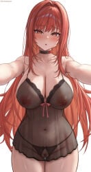 1girl babydoll bare_arms bare_shoulders black_babydoll black_choker black_nightgown black_panties breasts choker cleavage collarbone come_hither commentary_request dot_nose goddess_of_victory:_nikke groin highres kinoko_kun large_breasts lingerie long_hair looking_at_viewer navel nightgown nipples official_alternate_costume outstretched_arms pajamas panties pubic_hair pussy rapi_(nikke) rapi_(red_hood)_(cherished_red)_(nikke) rapi_(red_hood)_(nikke) reaching reaching_towards_viewer red_eyes red_hair see-through_clothes see-through_nightgown solo spaghetti_strap stomach underwear very_long_hair