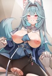 1boy 1girl absurdres animal_ear_fluff animal_ears black_hairband black_pantyhose blue_hair breasts breasts_out censored choker commentary_request commission cowgirl_position detached_collar dutch_angle girl_on_top grin hair_intakes hairband hetero highres hiyori_(meridian_project) holding_hands huge_breasts interlocked_fingers kuromiz long_hair looking_at_viewer meridian_project mosaic_censoring nipples pantyhose parted_lips penis pink_eyes pov pussy sex skeb_commission smile straddling tail torn_clothes torn_pantyhose vaginal variant_set white_choker wolf_ears wolf_girl wolf_tail