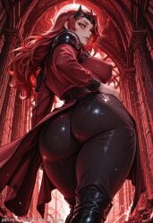 1girl ai_generated ass backdoorsenpai belt big_ass black_footwear black_nails black_pants breasts curvy egao female_focus from_behind from_below hand_on_own_hip knee_boots long_hair long_sleeves looking_at_viewer looking_back marvel marvel_rivals medium_breasts naughty_face naugty_eyes perky_breasts red_eyes red_hair red_jacket scarlet_witch shoulder_armor solo tailcoat thick_thighs thighs tiara wide_hips