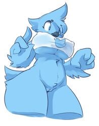 anthro avian beak big_breasts bird blue_feathers bottomless breasts clothed clothing feathers female huge_breasts logo low-angle_view meme nipple_bulge pussy simple_background solo somnamg tight_clothing tweetfur twitter under_boob white_background worm's-eye_view